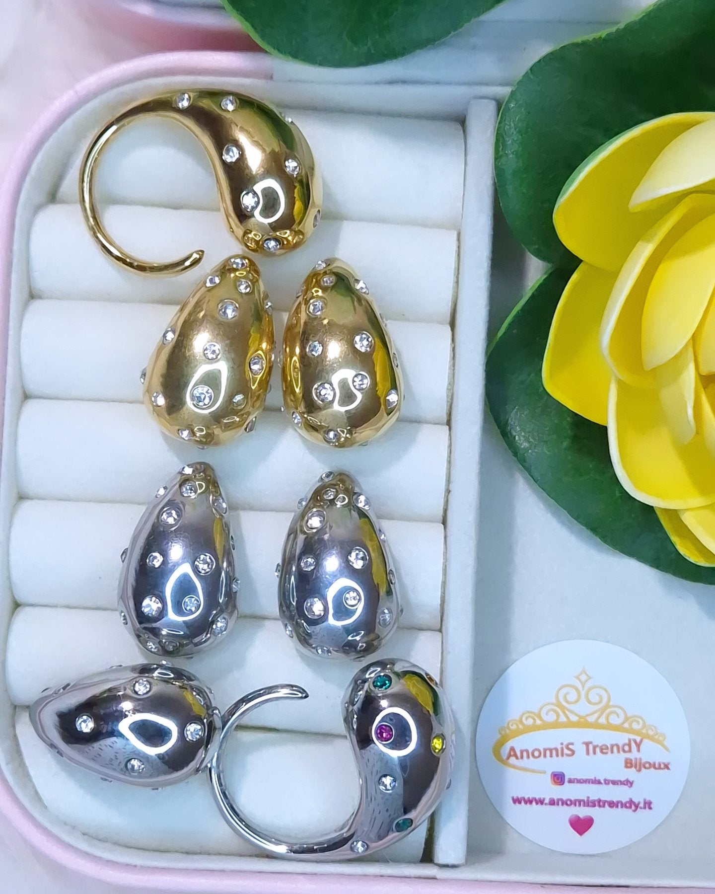 Linea Gocce con zirconi 💎 Orecchini Anello mod. Goccia in acciaio anallergico