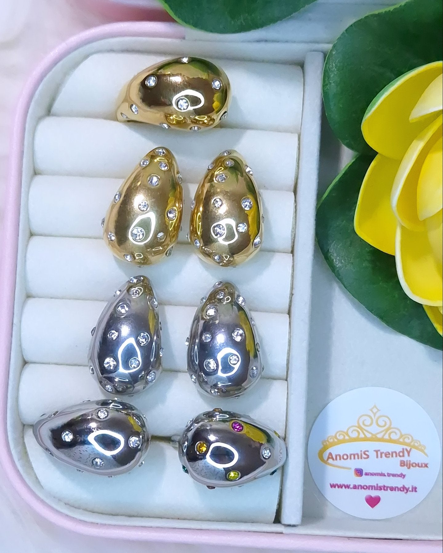 Linea Gocce con zirconi 💎 Orecchini Anello mod. Goccia in acciaio anallergico