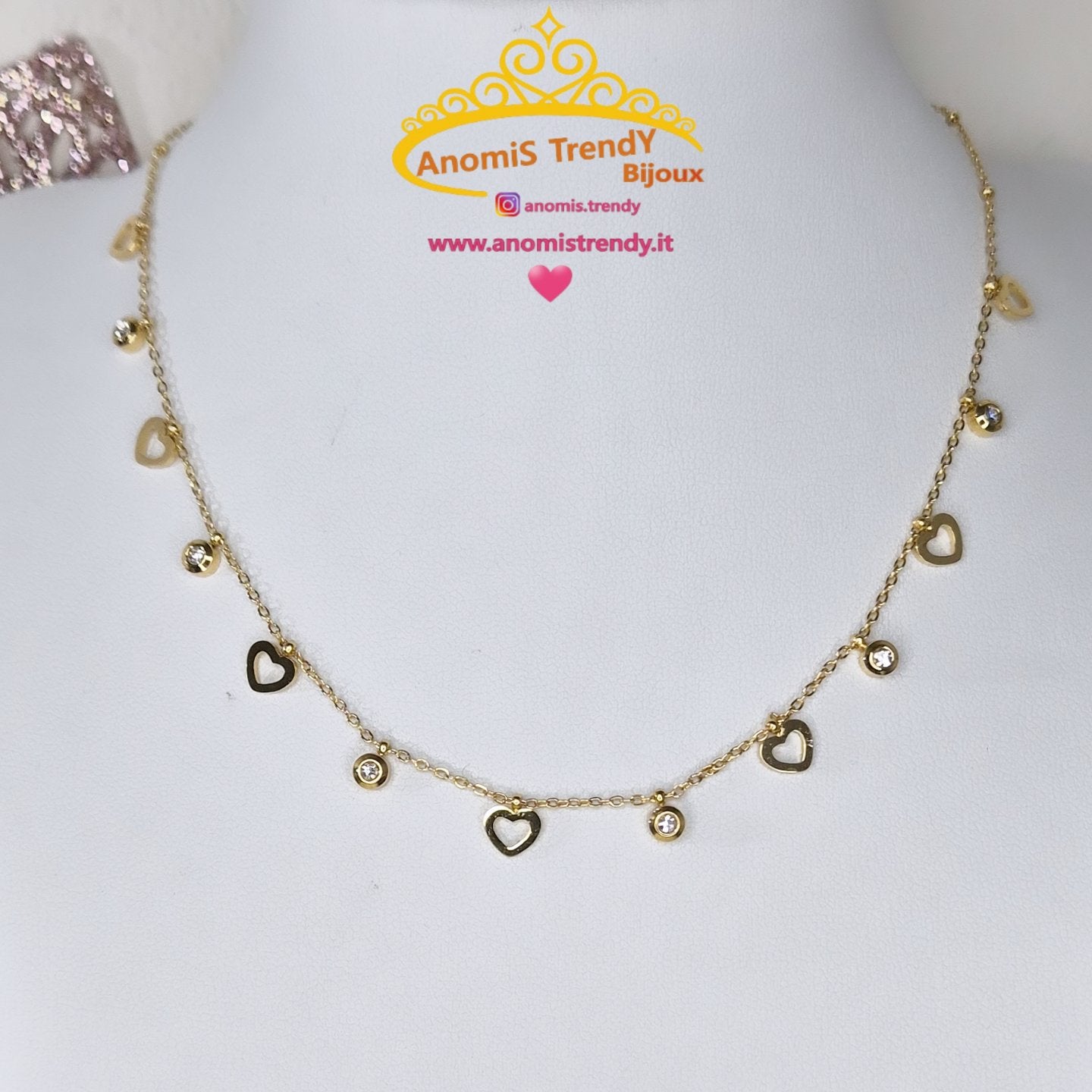 Collana minimal girocollo mix Cuoricini e punti luce crystal 100% Acciaio Gold anallergico