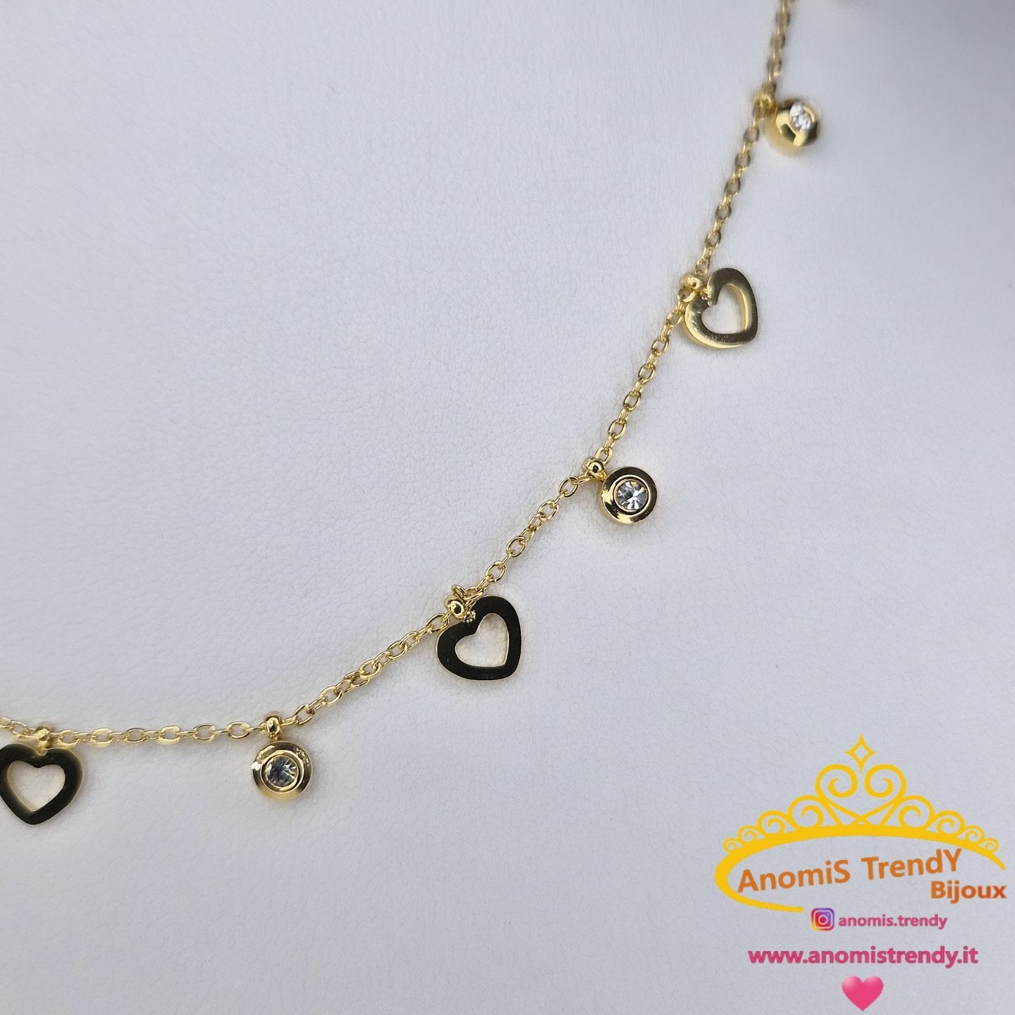 Collana minimal girocollo mix Cuoricini e punti luce crystal 100% Acciaio Gold anallergico