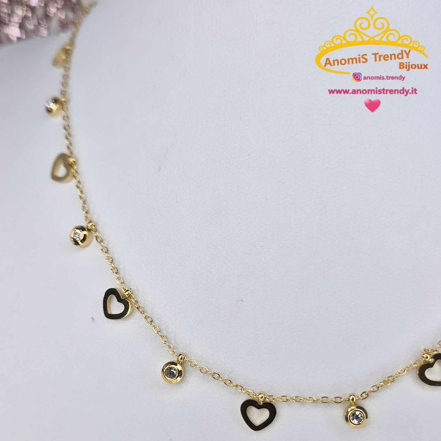 Collana minimal girocollo mix Cuoricini e punti luce crystal 100% Acciaio Gold anallergico