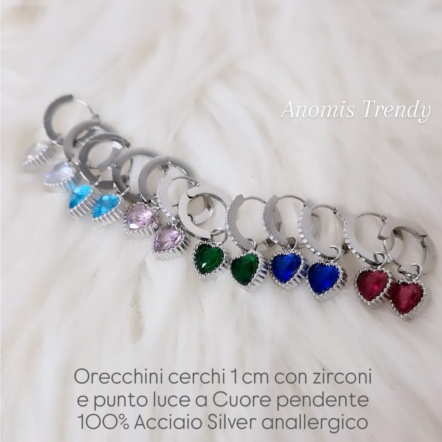 Orecchini cerchi 1cm con zirconi e punto luce Cuore pendente