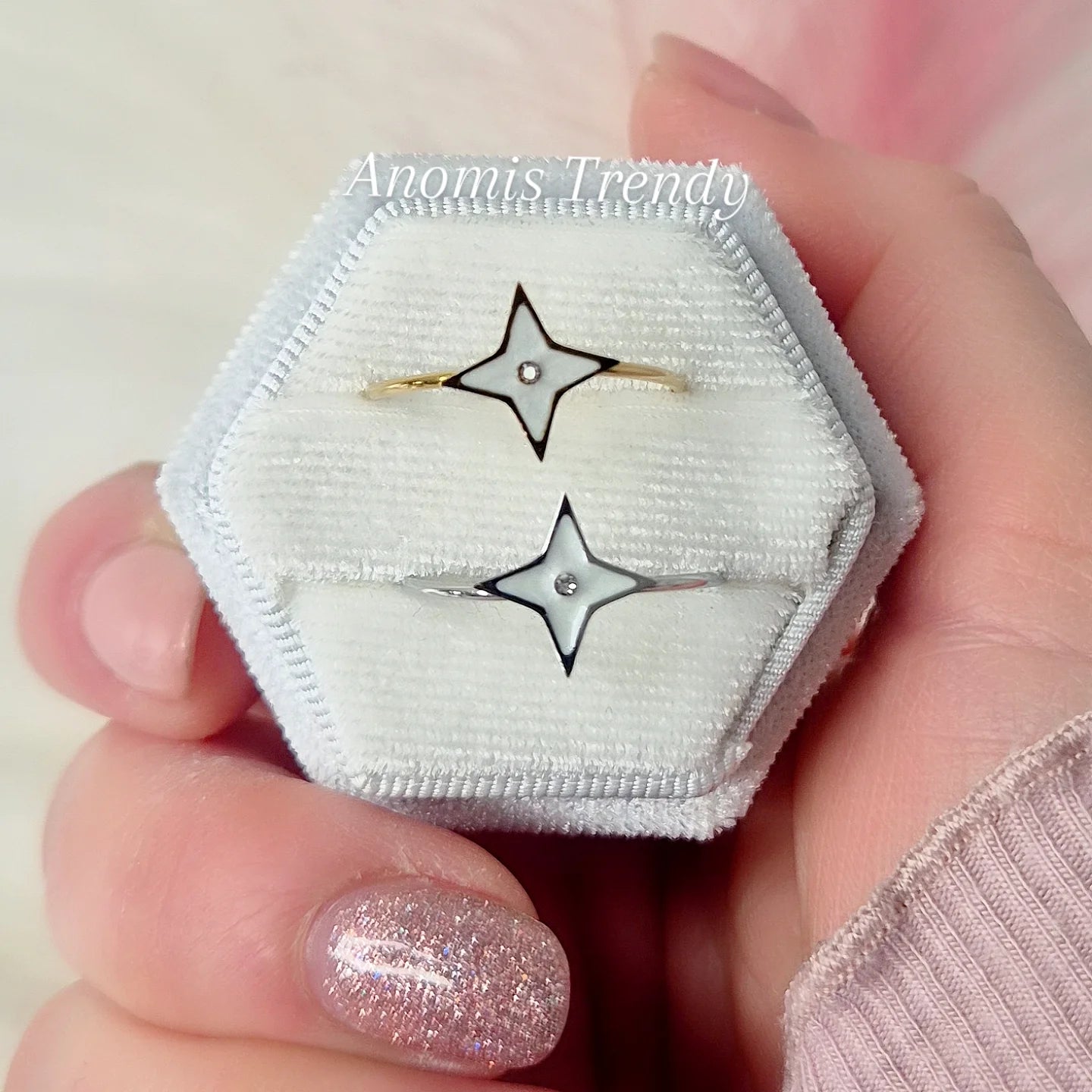 Anelli minimal soggetti in Madreperla con Zircone 💎 mis. regolabile 100% acciaio