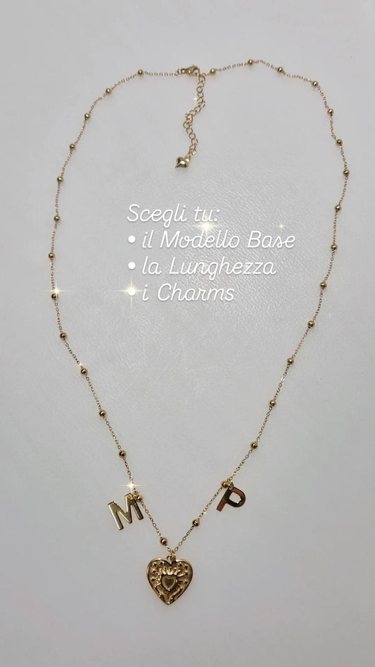Collana personalizzabile acciaio gold o silver catena a pallini charms e lunghezza a scelta