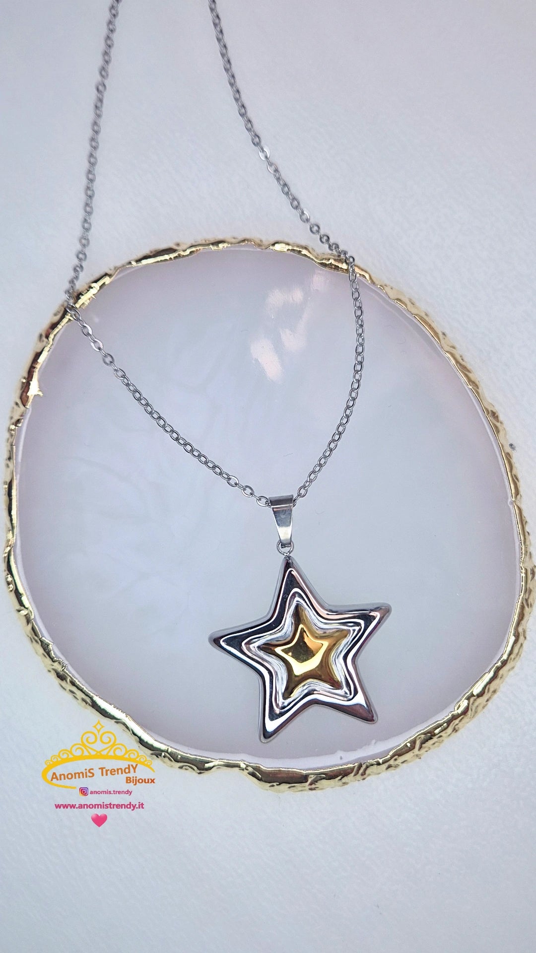 Collana pendente Stella 3D in acciaio bicolor mis. 40cm+5cm estensione