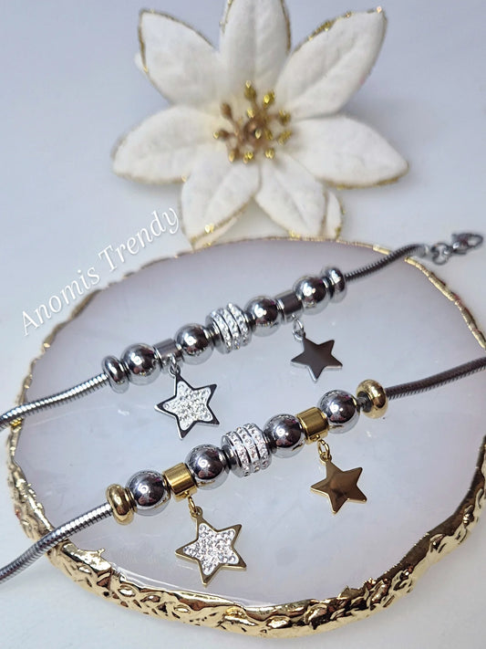 Bracciale catena tubolare snake in Acciaio Silver con charms Stelle silver/gold e zirconi crystal mis.regolab.