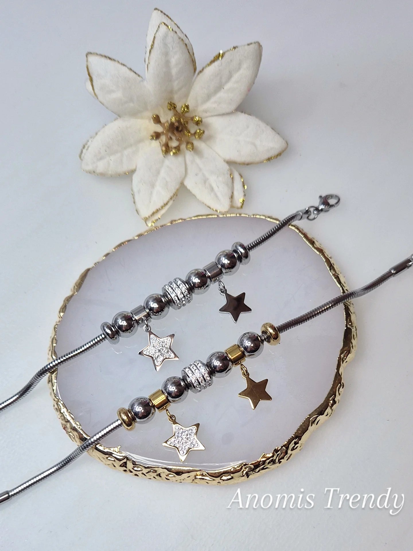 Bracciale catena tubolare snake in Acciaio Silver con charms Stelle silver/gold e zirconi crystal mis.regolab.