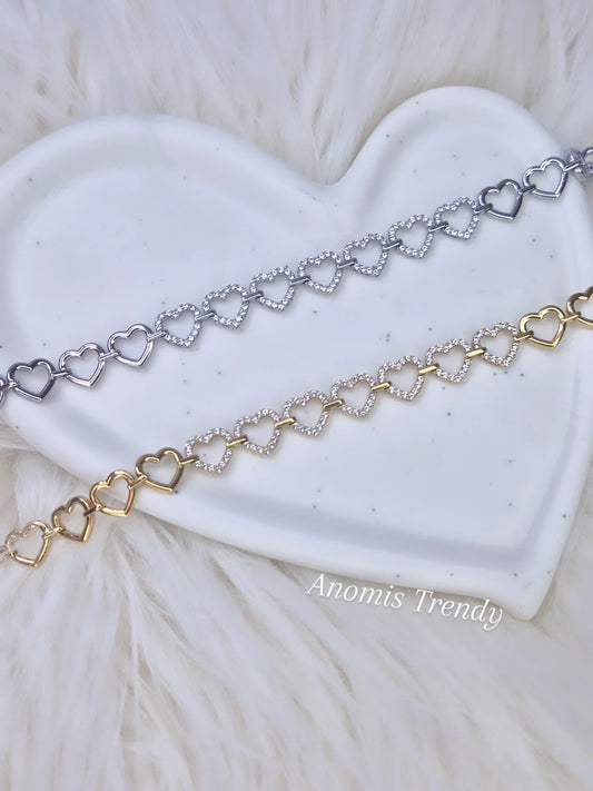 Bracciale Cuoricini abbracciati 100% acciaio con zirconi