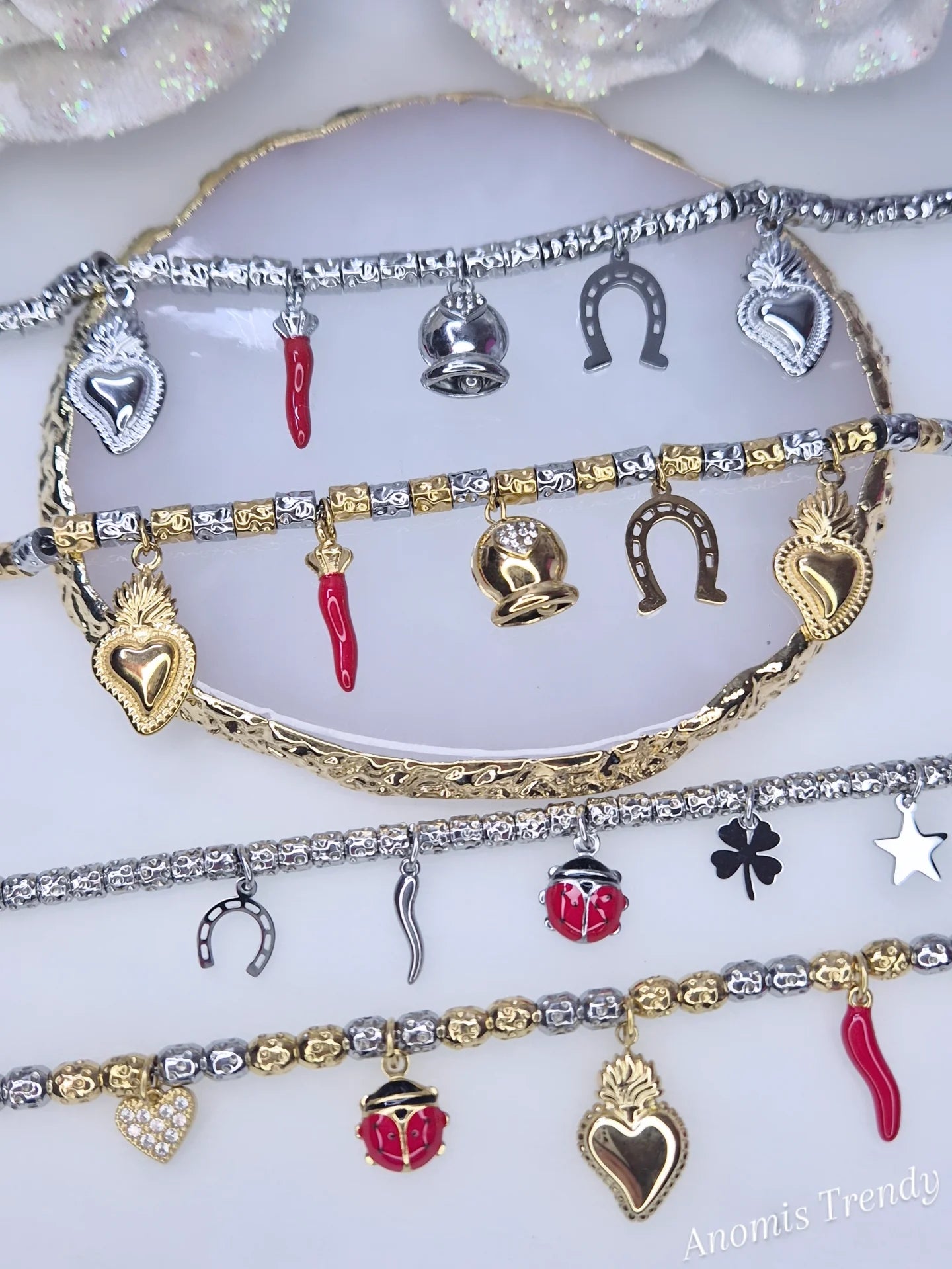 Nuovi Bracciali mod. D0D0🦤 PortaFortuna in acciaio Silver o bicolor con charms smaltati e zirconati