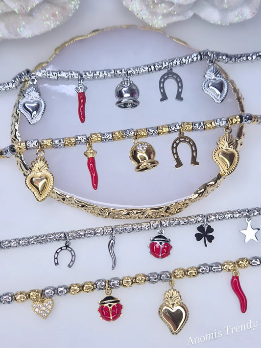 Nuovi Bracciali mod. D0D0🦤 PortaFortuna in acciaio Silver o bicolor con charms smaltati e zirconati