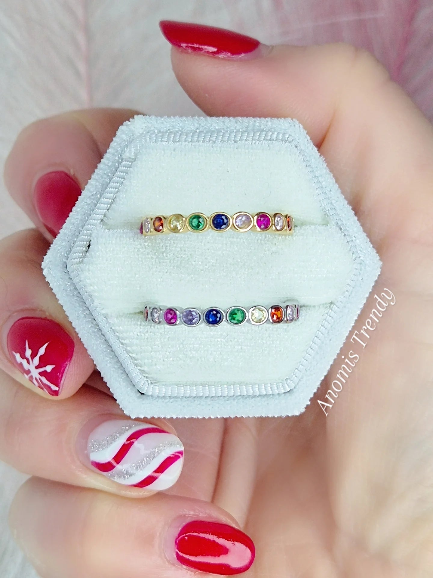 Anello fedina Eternity Rainbow in Acciaio Silver o Gold pietre multicolor incastonate