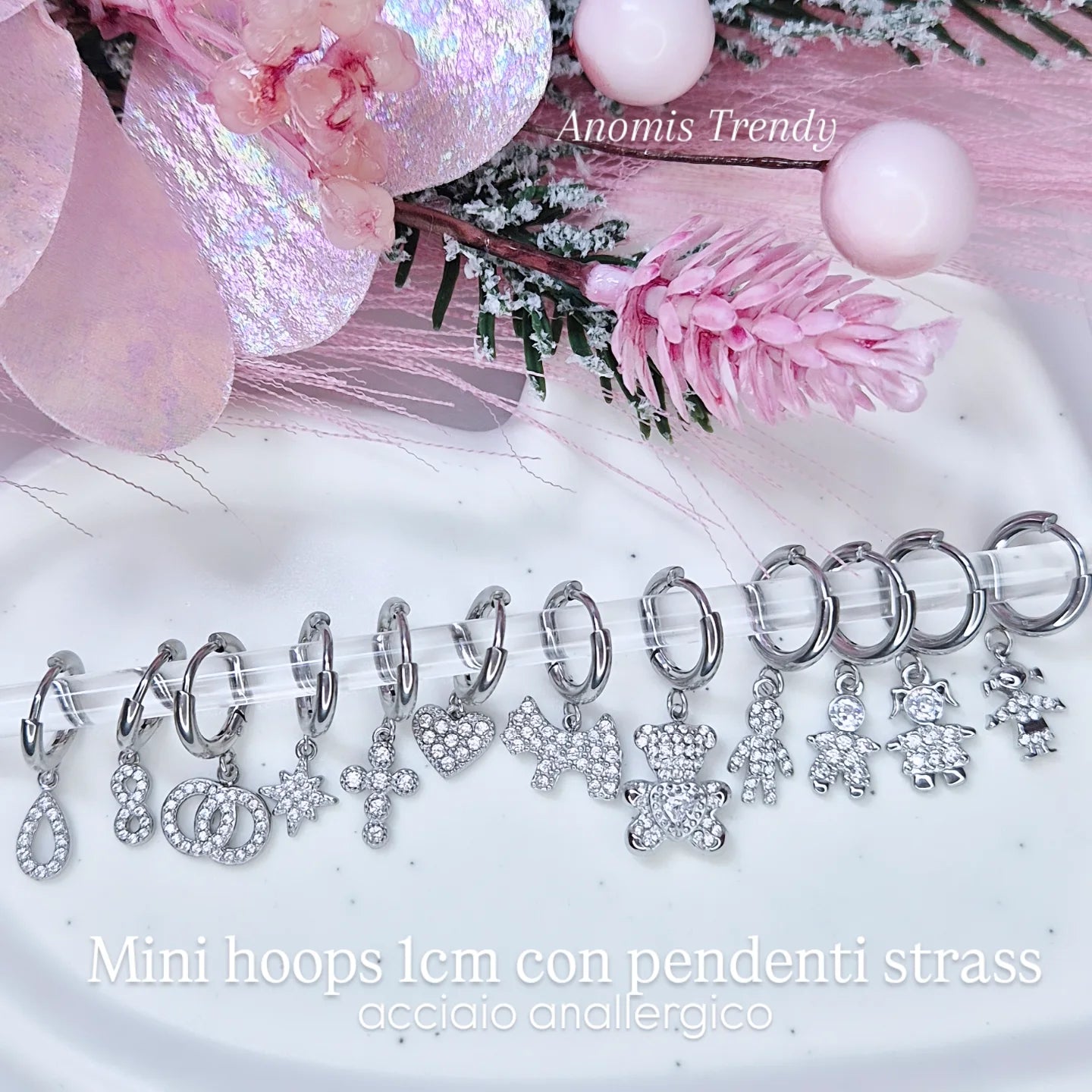 Mono Orecchino Mini Hoop 1cm in acciaio anallergico silver con pendenti strass 💎