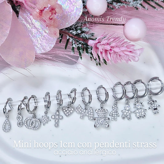 Mono Orecchino Mini Hoop 1cm in acciaio anallergico silver con pendenti strass 💎