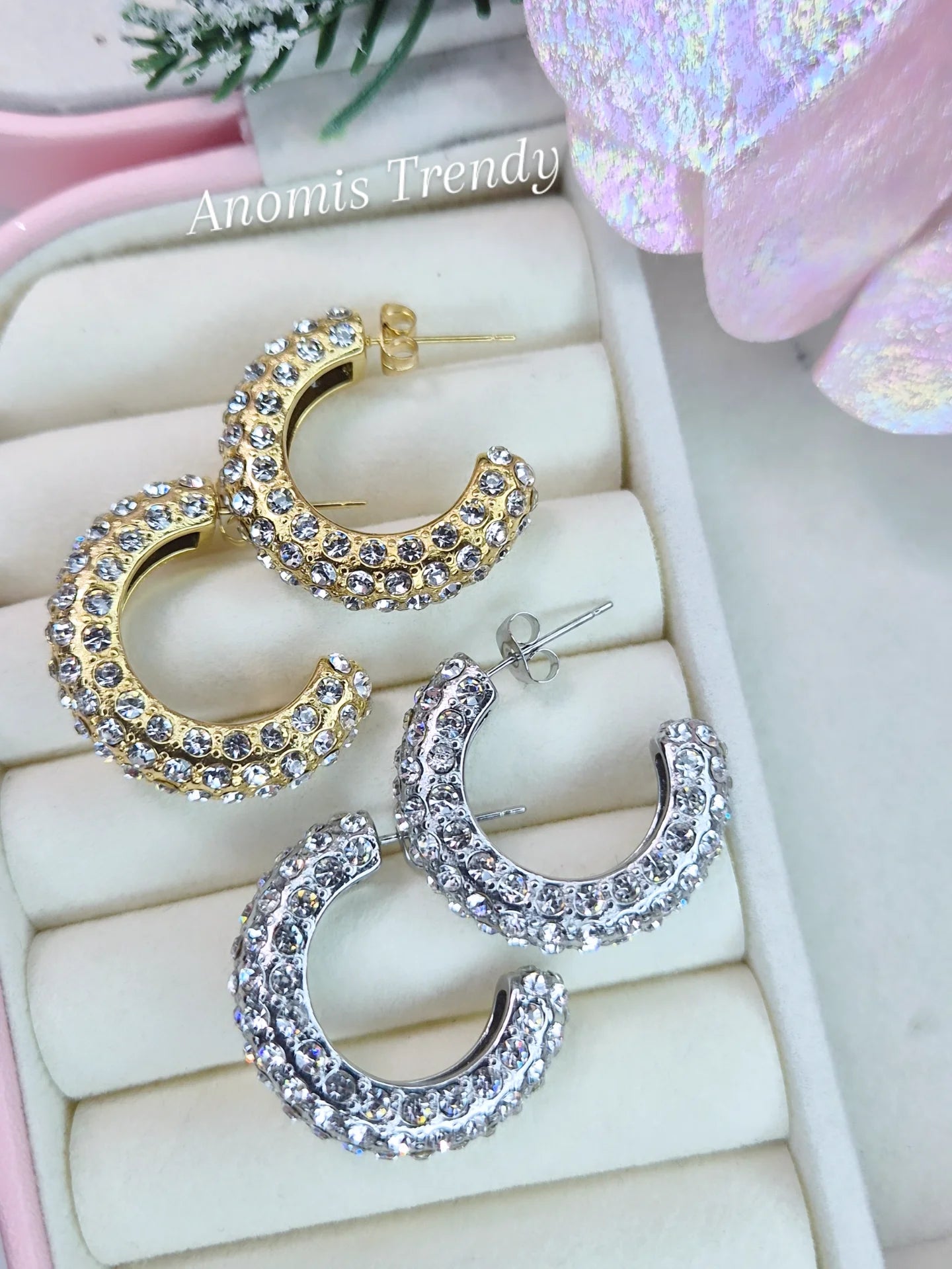 Orecchini semicerchi a C bold in pavè di zirconi 100% acciaio silver/gold anallergico