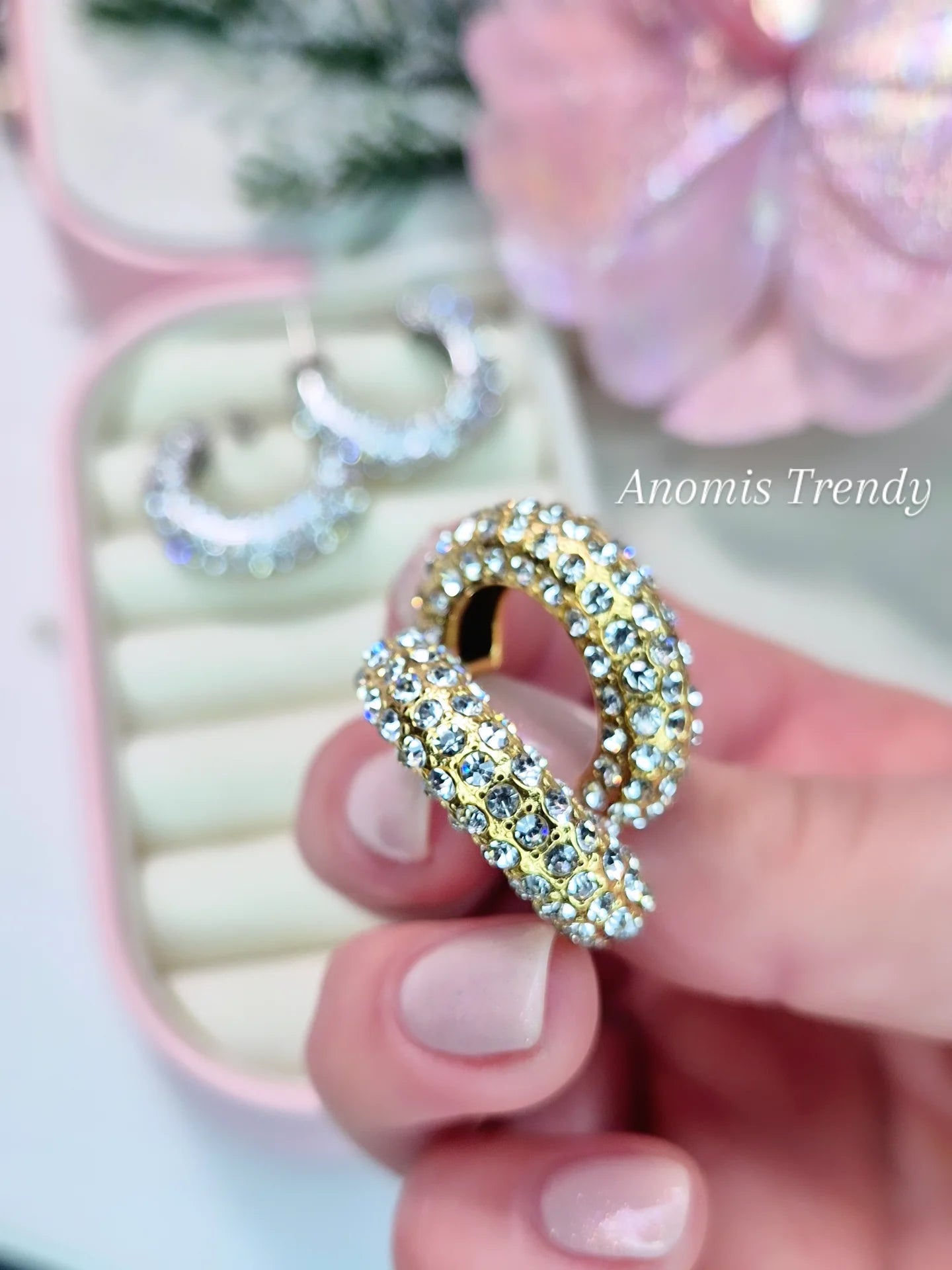 Orecchini semicerchi a C bold in pavè di zirconi 100% acciaio silver/gold anallergico