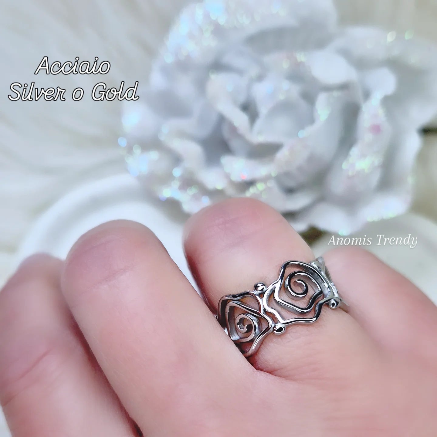 Anello a Fascia Boccioli di Rose acciaio mis.regolabile silver o gold