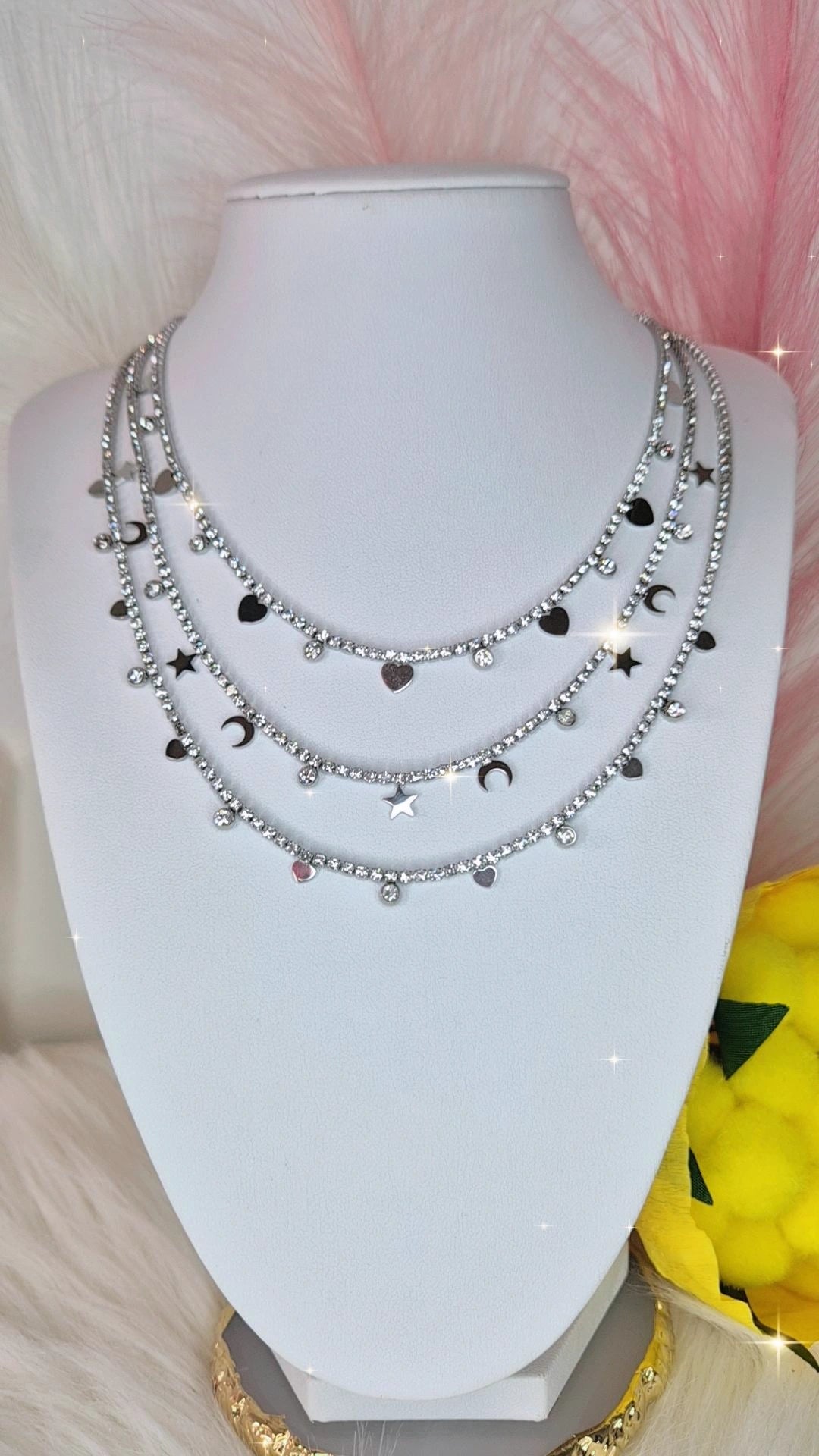 Collana Tennis acciaio silver con zirconi crystal e charms 46cm+estens.regolabile