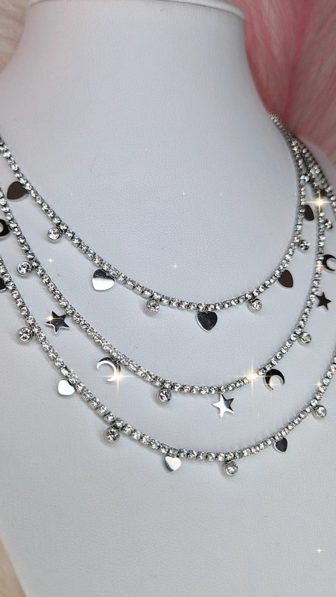 Collana Tennis acciaio silver con zirconi crystal e charms 46cm+estens.regolabile