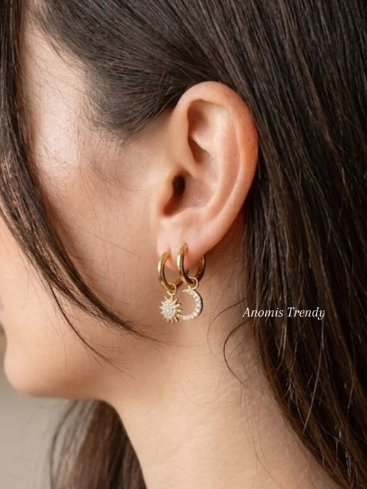Orecchini mini hoops 1cm Sole & Luna con zirconi acciaio Silver o Gold