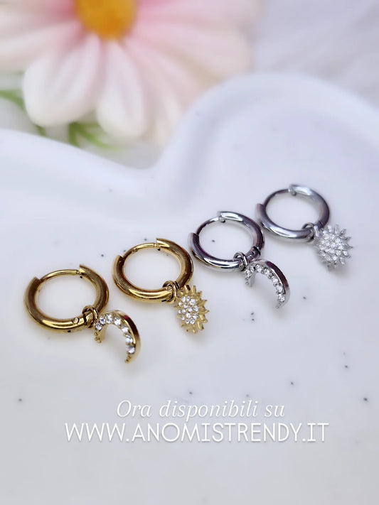 Orecchini mini hoops 1cm Sole & Luna con zirconi acciaio Silver o Gold