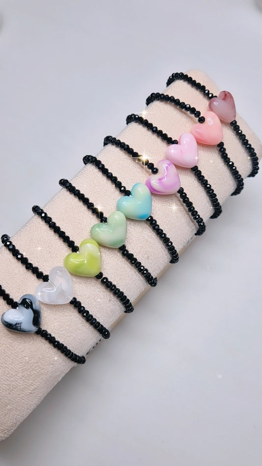 Bracciali elastici cristallini luminosi multisfaccettati neri con Cuore in resina effetto marmorizzato