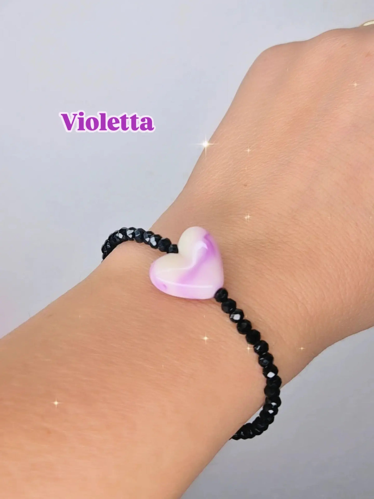 Bracciali elastici cristallini luminosi multisfaccettati neri con Cuore in resina effetto marmorizzato