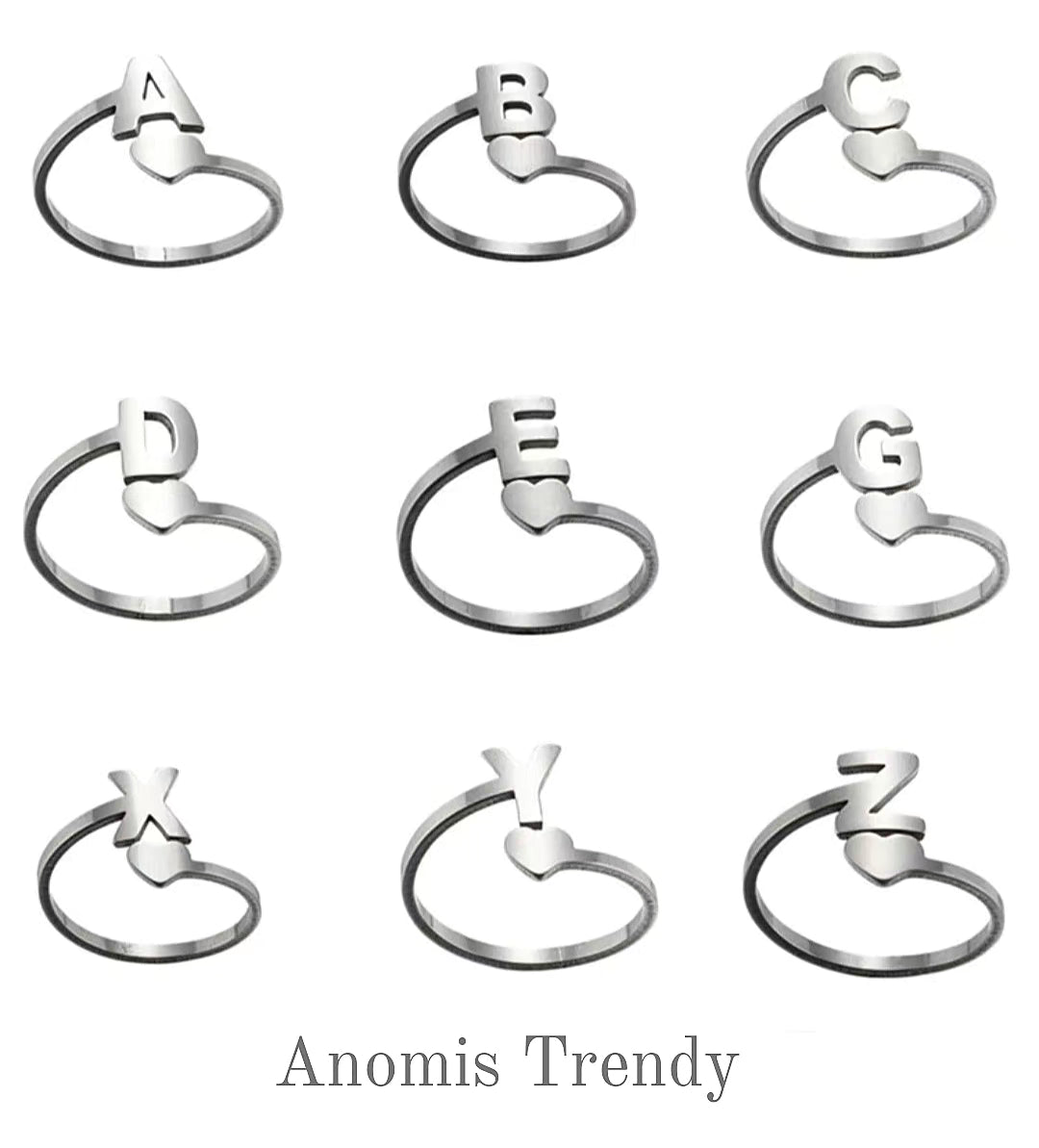 Anello con Lettera iniziale e Cuore in Acciaio mis. regolabile