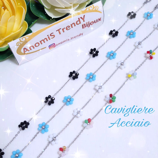 Cavigliera in acciaio con margherite in cristalli multisfaccettati