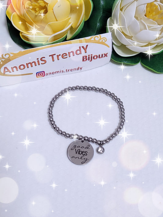 Bracciale elastico sfere acciaio 4mm Good Vibes Only con punto luce colore a scelta