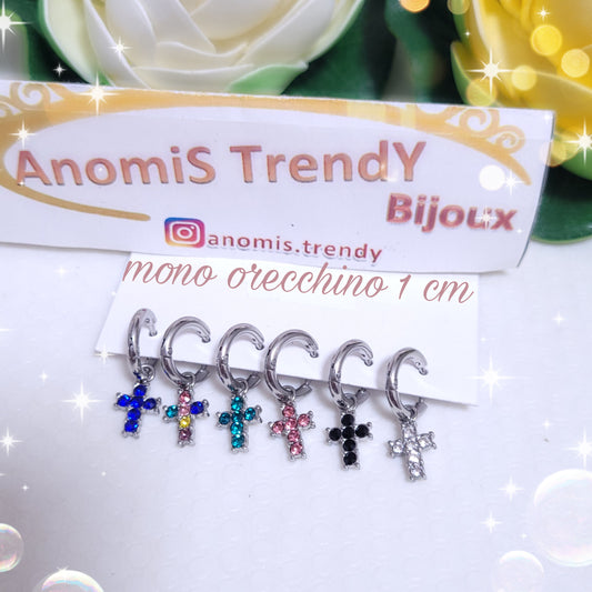 Mono Orecchino cerchietto 1cm con mini Croce in zirconi 💎 100% acciaio anallergico