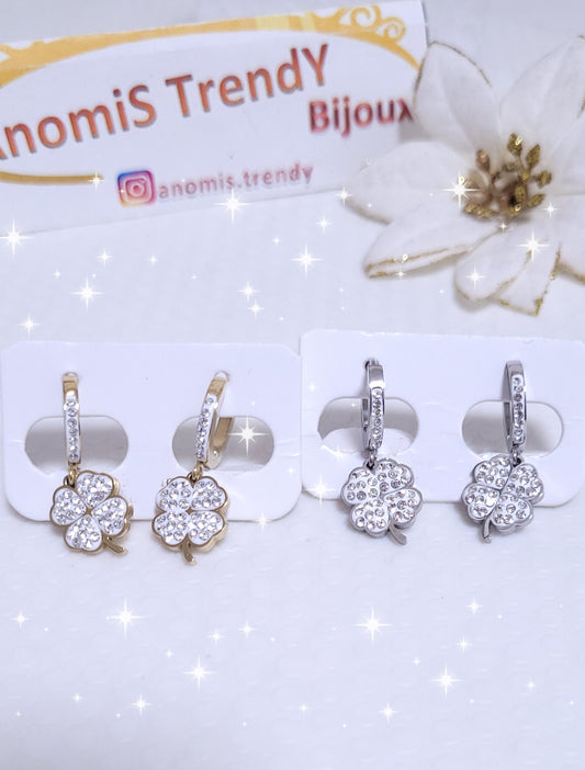 Orecchini cerchi 1cm con zirconi e Quadrifoglio portafortuna 🍀 acciaio anallergico