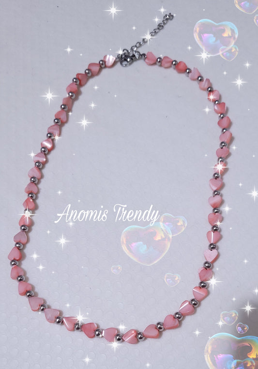 Collana Bracciale Cuoricini in conchiglia tipo madreperla e acciaio mis. regolabile