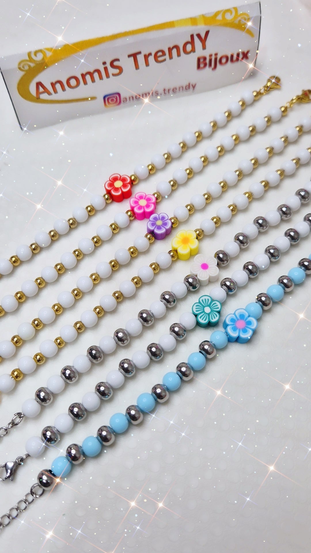 Bracciale Margherita 🌼 mix perle resina bianca & Acciaio mis. regolab. anallergico