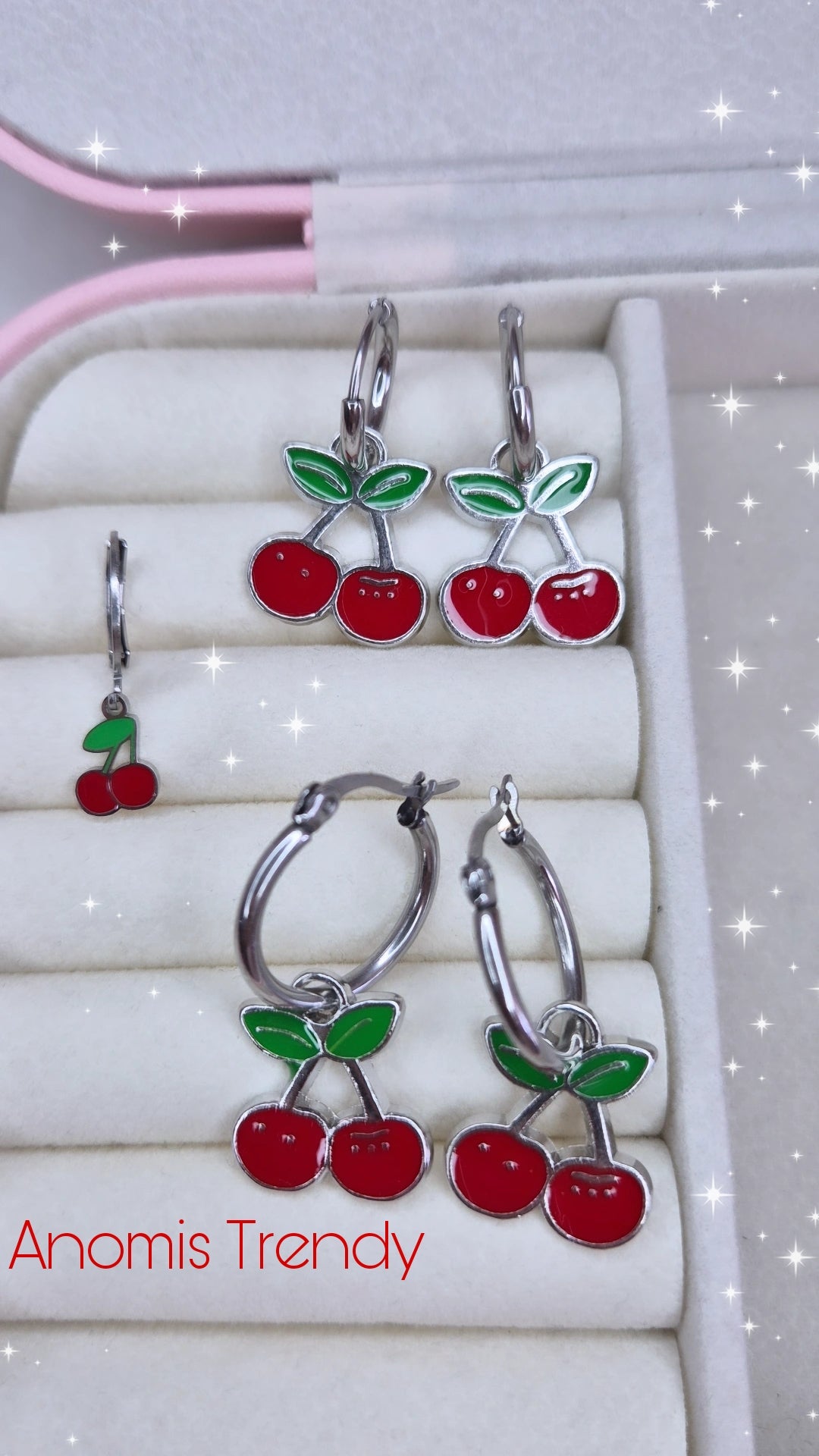 Orecchini Ciliegie cerchietti base Silver Acciaio anallergico varie mis.