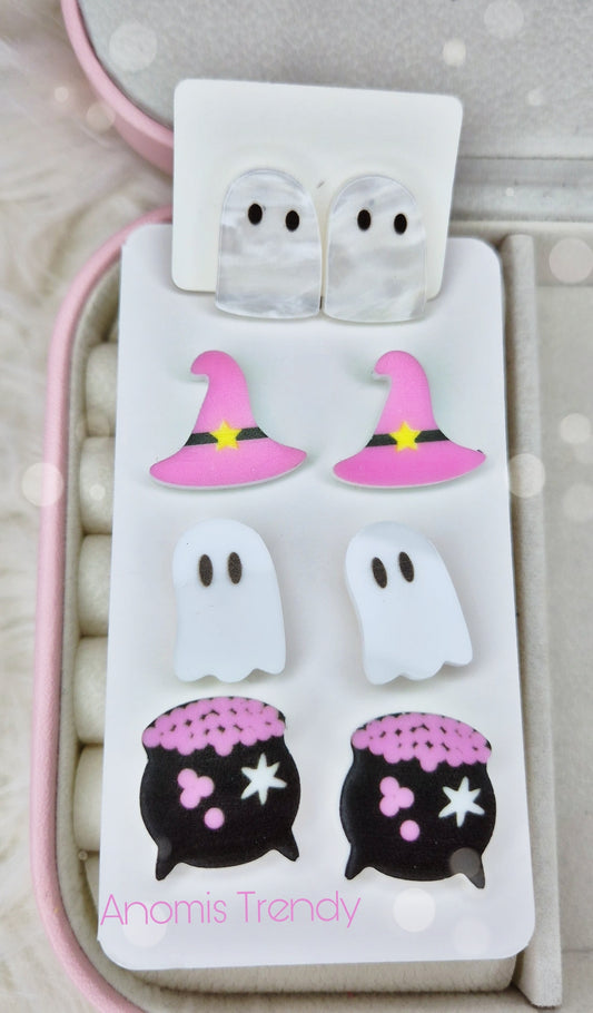 Orecchini Halloween Cappello Strega rosa, Pentolone pozione magica rosa, Fantasmini timidi👻
