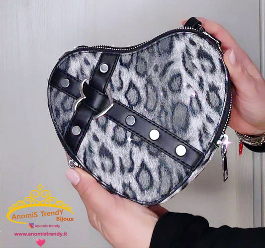 Borsa a Cuore in ecopelle con tracolla removibile, chiusura doppia zip, interno tessuto impermeabile