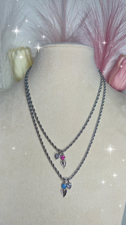 Collana torchon acciaio silver con Tulipano e punto luce Cuore crystal