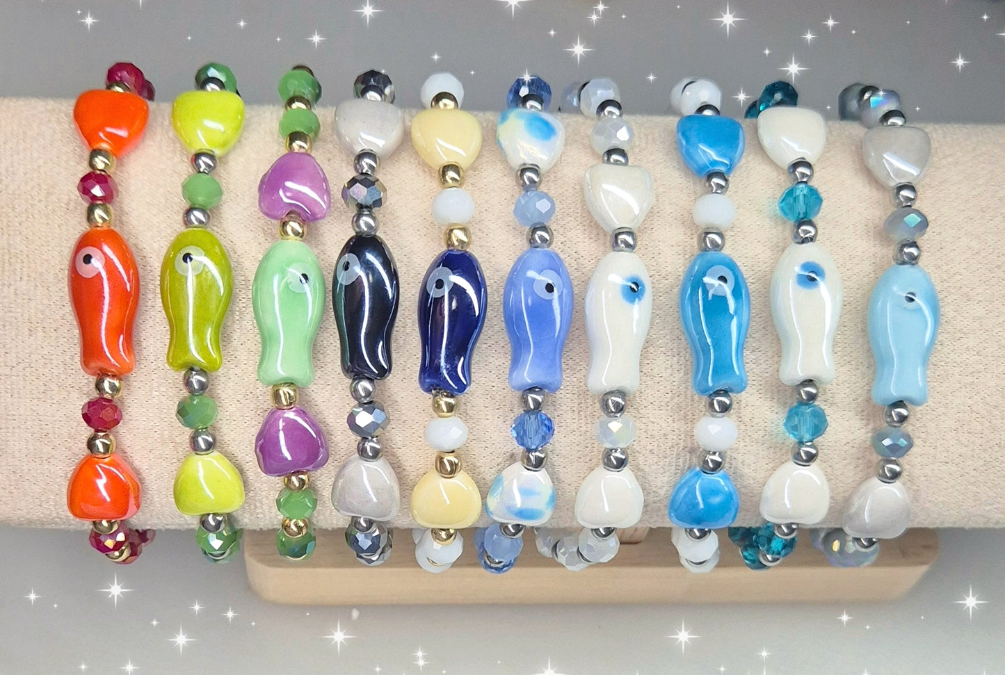 Bracciali IBIZA🏝 doppio elastico interno Extra-Resistente con Pesciolini & Cuori in ceramica, cristalli multisfaccettati e sfere acciaio. Misura adattabile
