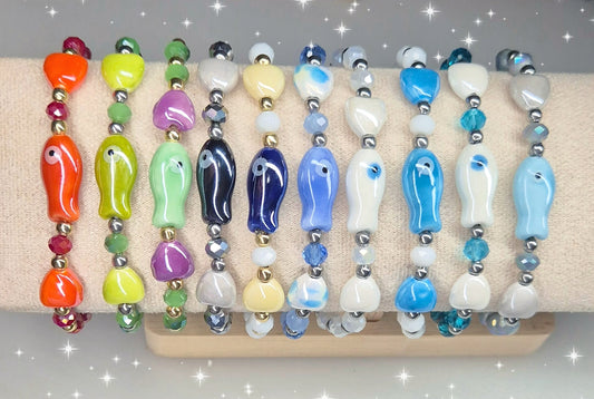 Bracciali IBIZA🏝 doppio elastico interno Extra-Resistente con Pesciolini & Cuori in ceramica, cristalli multisfaccettati e sfere acciaio. Misura adattabile