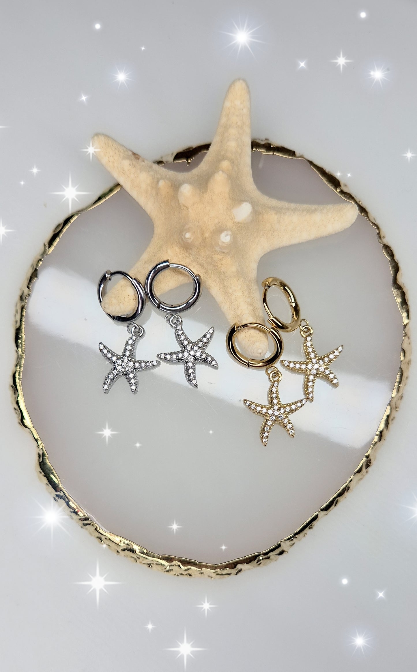 Orecchini cerchietti 1cm con Stella Marina zirconi crystal acciaio anallergico silver/gold