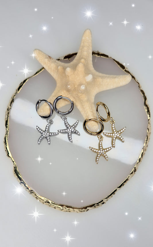 Orecchini cerchietti 1cm con Stella Marina zirconi crystal acciaio anallergico silver/gold