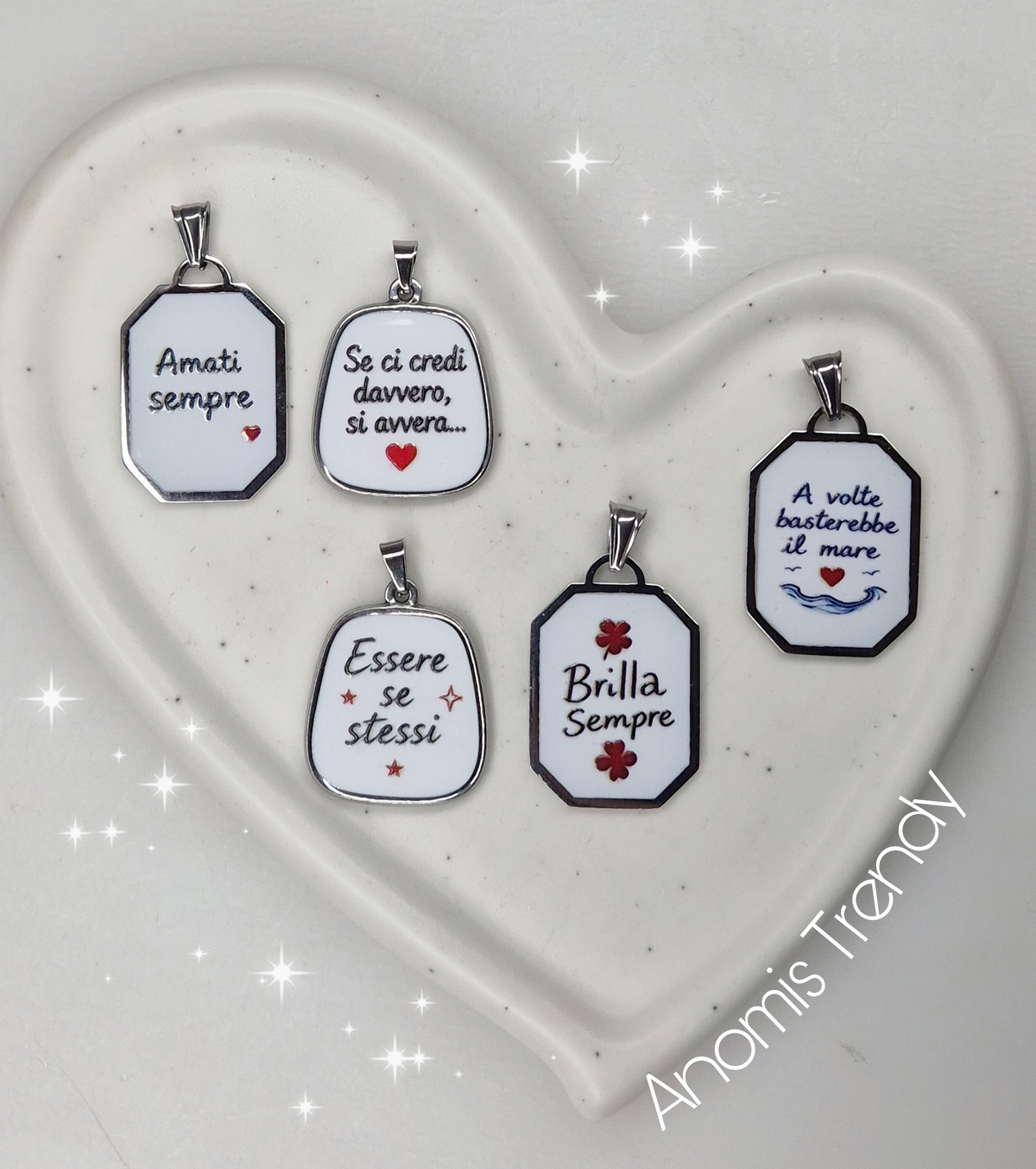 Ciondolo charm con frase motivazionale in acciaio silver o gold