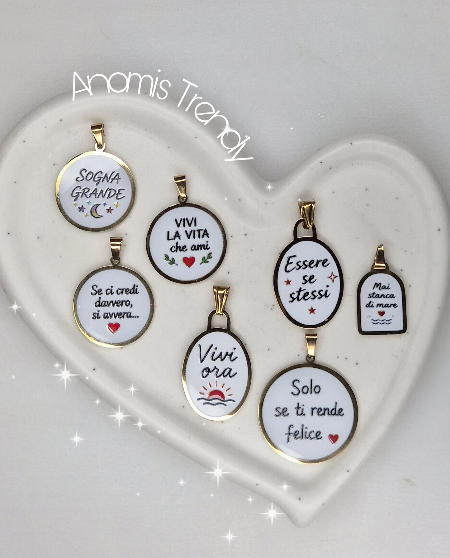 Ciondolo charm con frase motivazionale in acciaio silver o gold