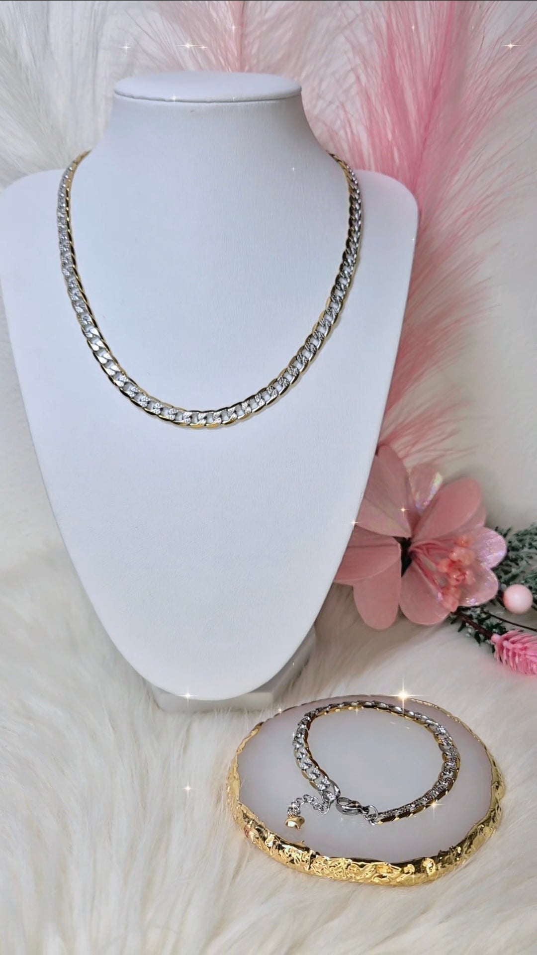 Girocollo Bracciale o parure catena martellata acciaio bicolor anallergico mis.regolab.