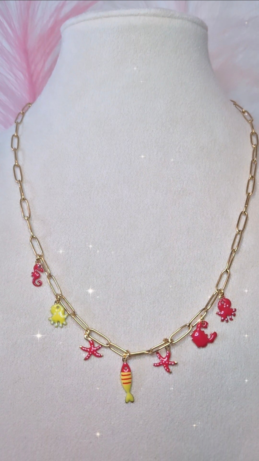 Collana graffettina in acciaio gold con charms tema mare smaltati colorati mis.40/45cm regolabile