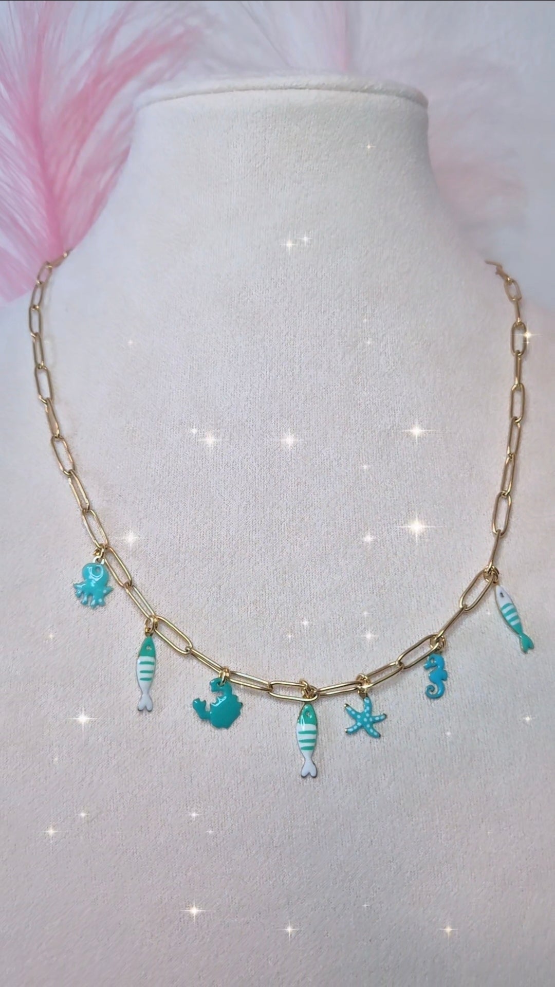 Collana graffettina in acciaio gold con charms tema mare smaltati colorati mis.40/45cm regolabile