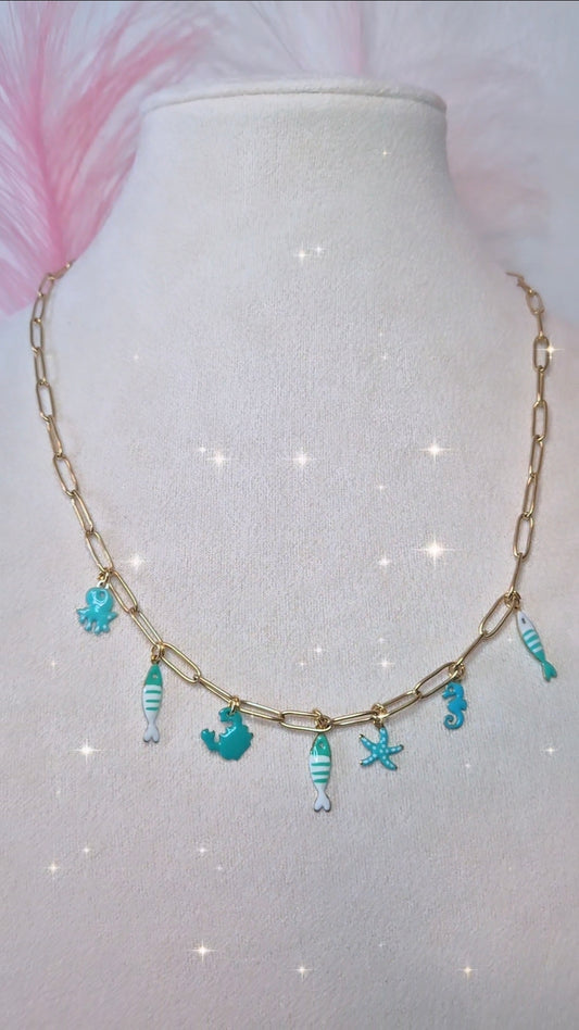 Collana graffettina in acciaio gold con charms tema mare smaltati colorati mis.40/45cm regolabile