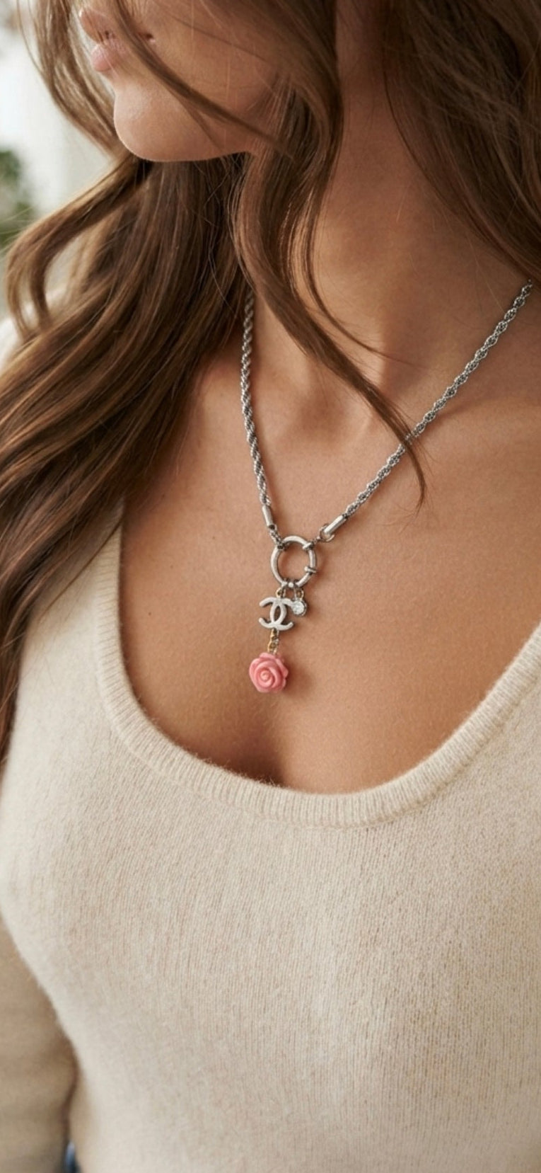 Collana torchon Luxury Romantic Rosa d'Autunno🌹 in acciaio silver chiusura timone con punto luce