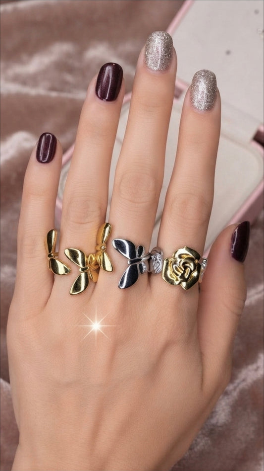 Anello Farfalle danzanti in acciaio gold o bicolor misura regolabile