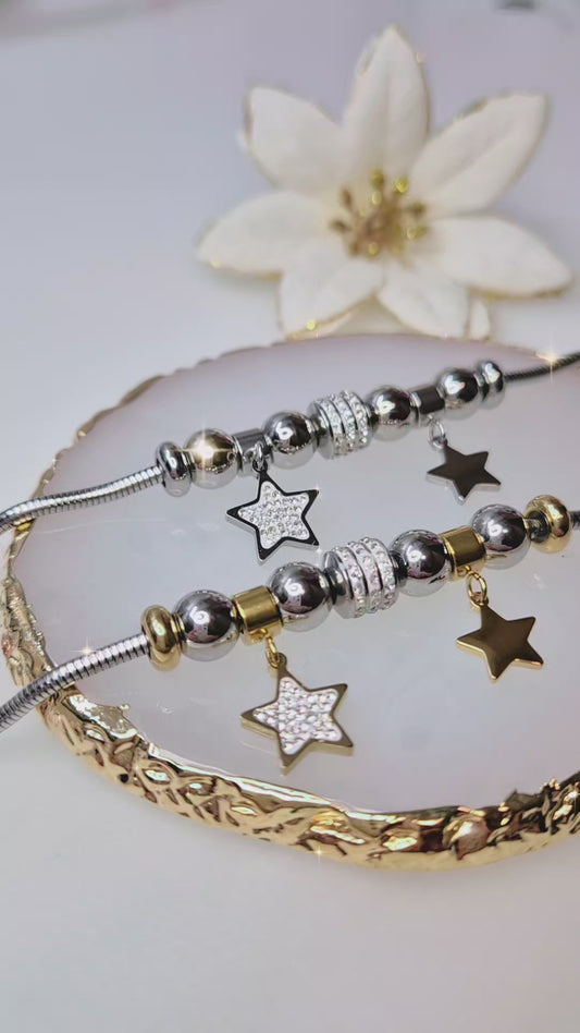 Bracciale catena tubolare snake in Acciaio Silver con charms Stelle silver/gold e zirconi crystal mis.regolab.